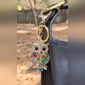 Gold Tone & Multicolor Crystal Rhinestone Owl Keychain Bag Charm